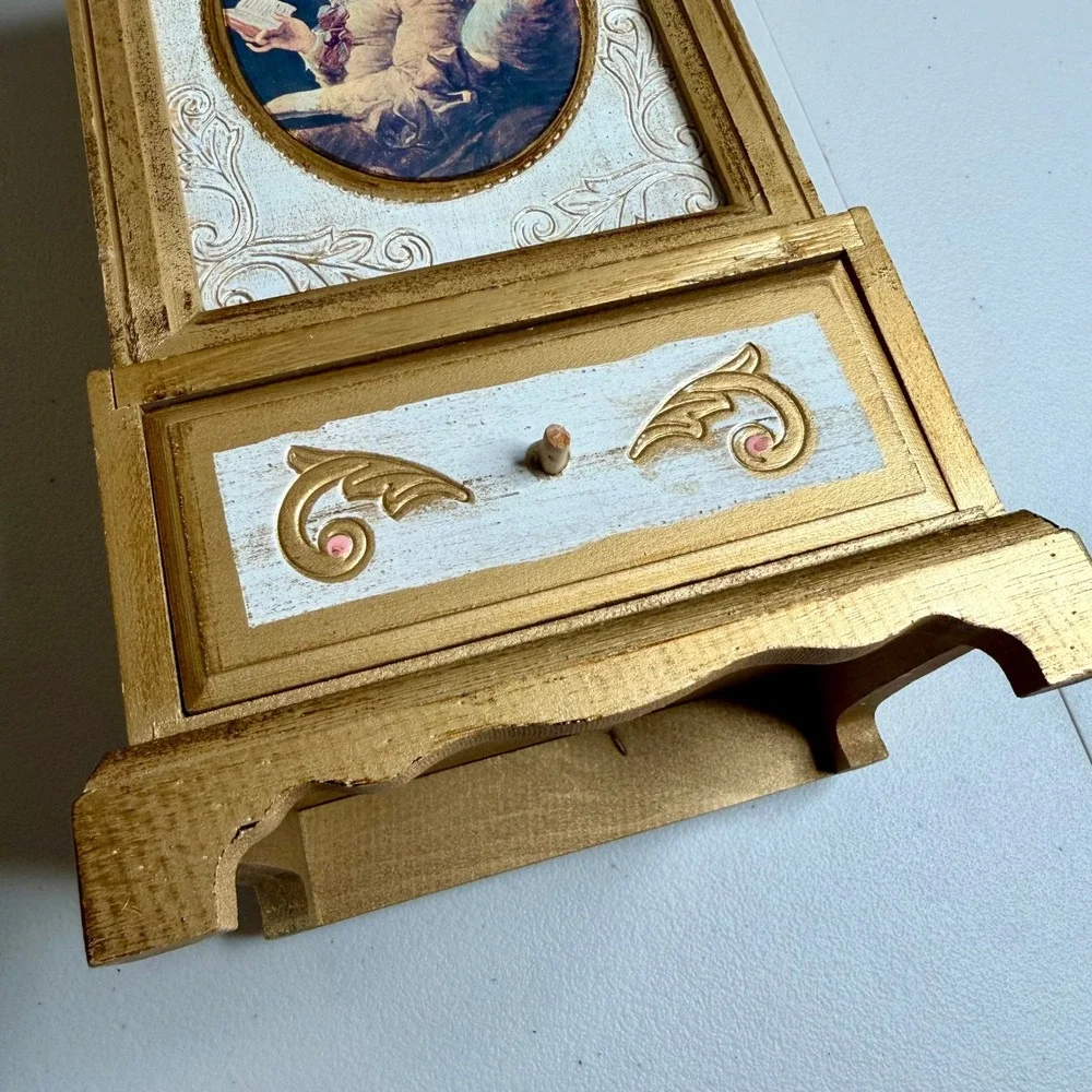Vintage Toyo Japan Musical Jewelry Box Armoire Gold Wood Portrait 4 Drawer 12.5